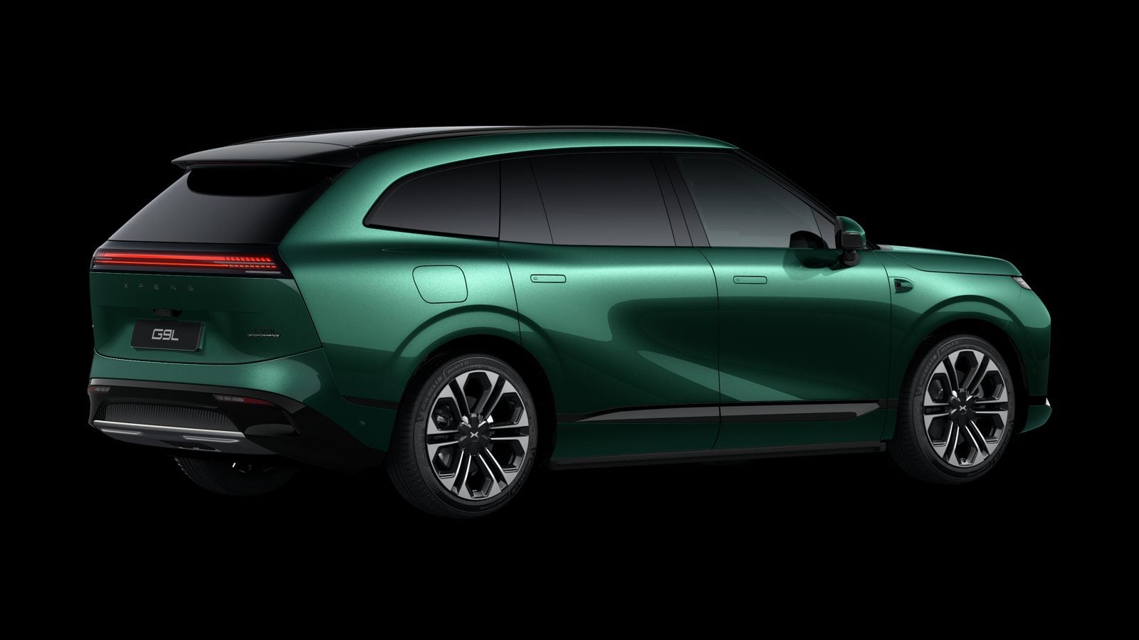 Green XPeng G9L rear three-quarter view