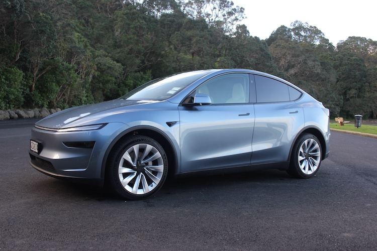 Blue-grey Tesla Model Y parked on a roadside