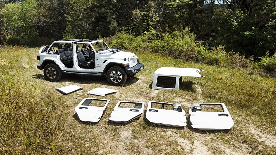 2019 Jeep Wrangler Overland Unlimited with doors and roof removed