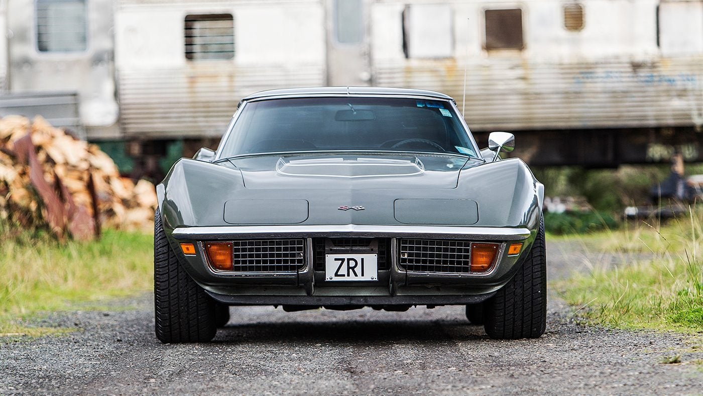 1972 Corvette Stingray LT-1 full frontal staic in front of old train carriage