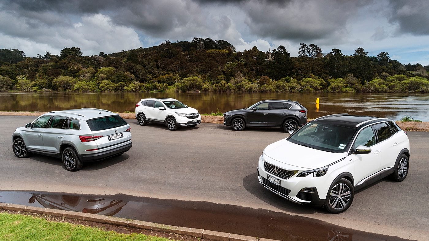 Honda CR-V vs Skoda Kodiaq vs Mazda CX-5 vs Peugeot 3008 beside river