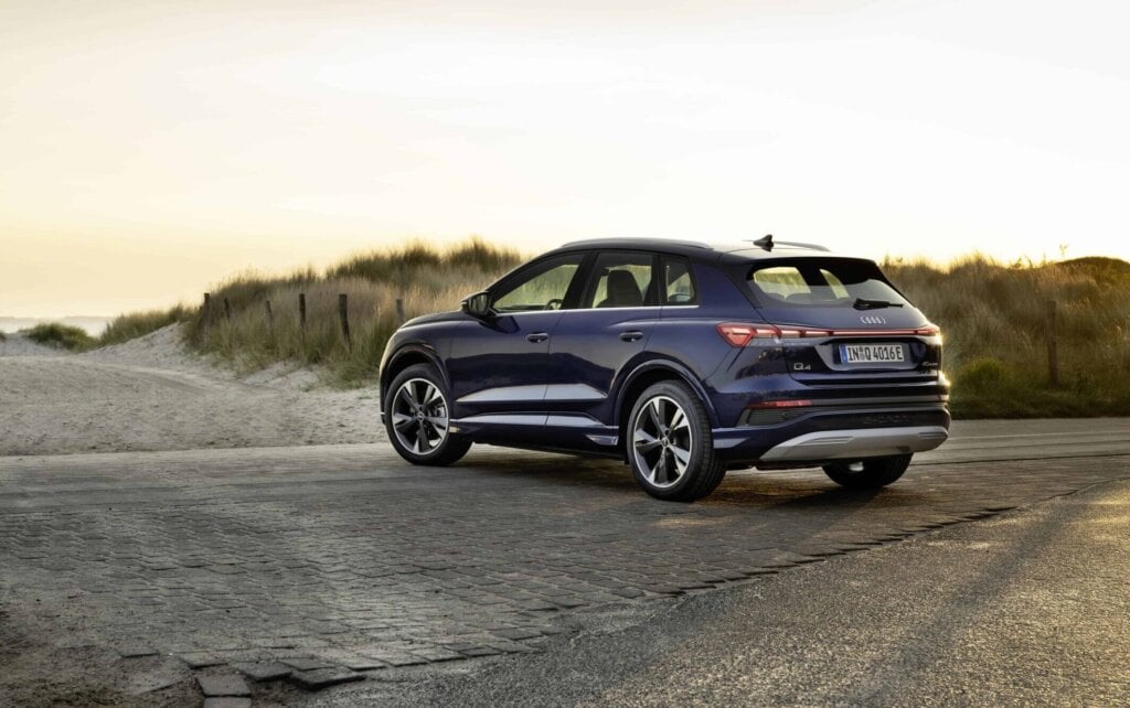 Audi Q4 e-tron SUV rear three quarter view