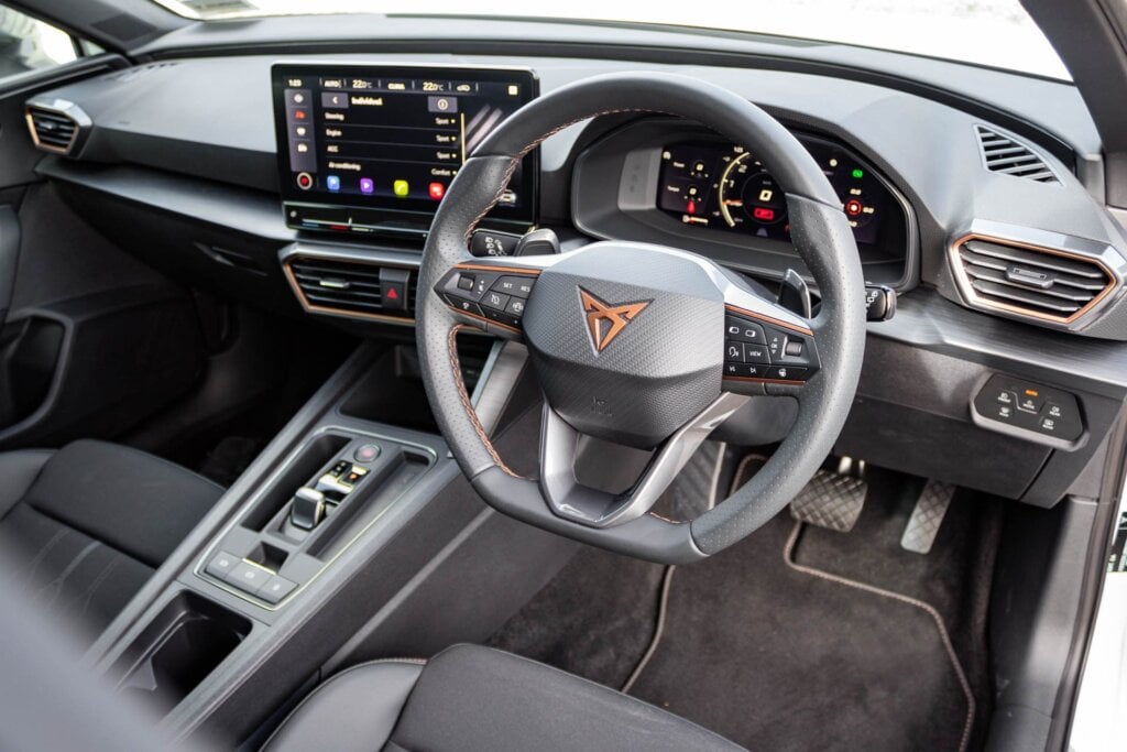 Cupra Leon V front dash area, showing steering wheel
