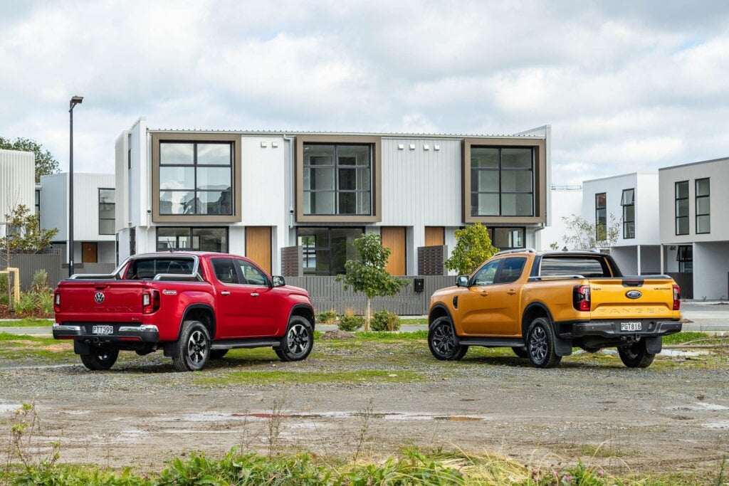 Ford Ranger and Volkswagen Amarok rear view, with cars together