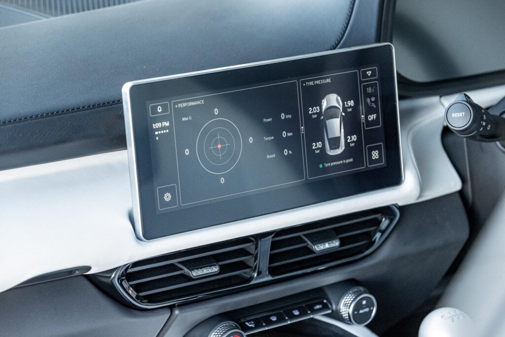 Lotus Emira V6 infotainment screen, showing performance, G forces, etc