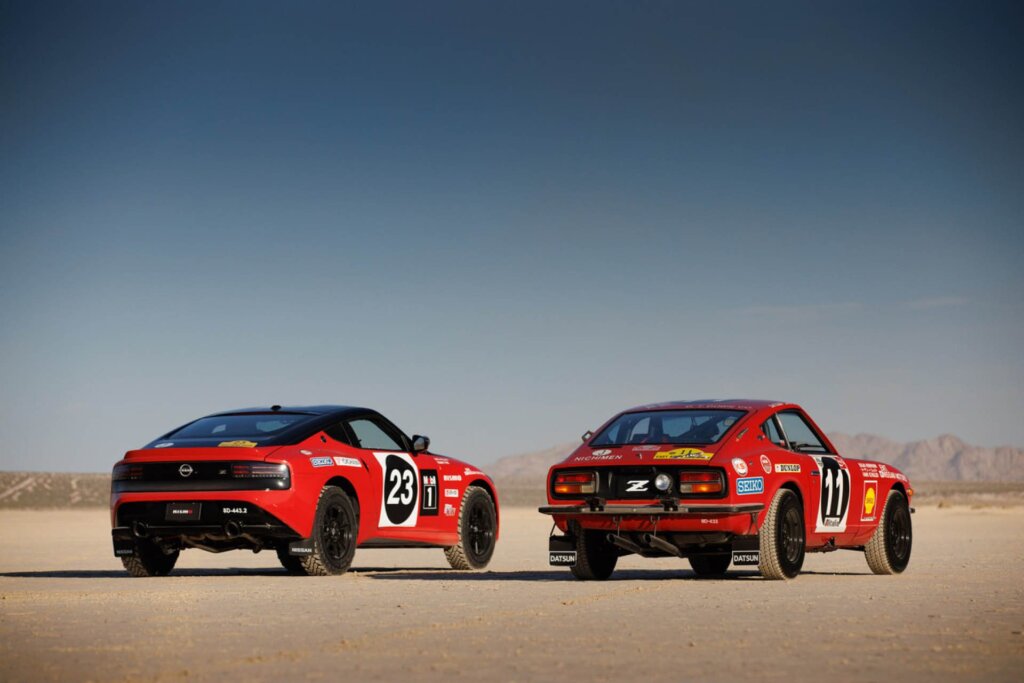 Nissan Safari Rally Z Tribute next to 240Z rally car