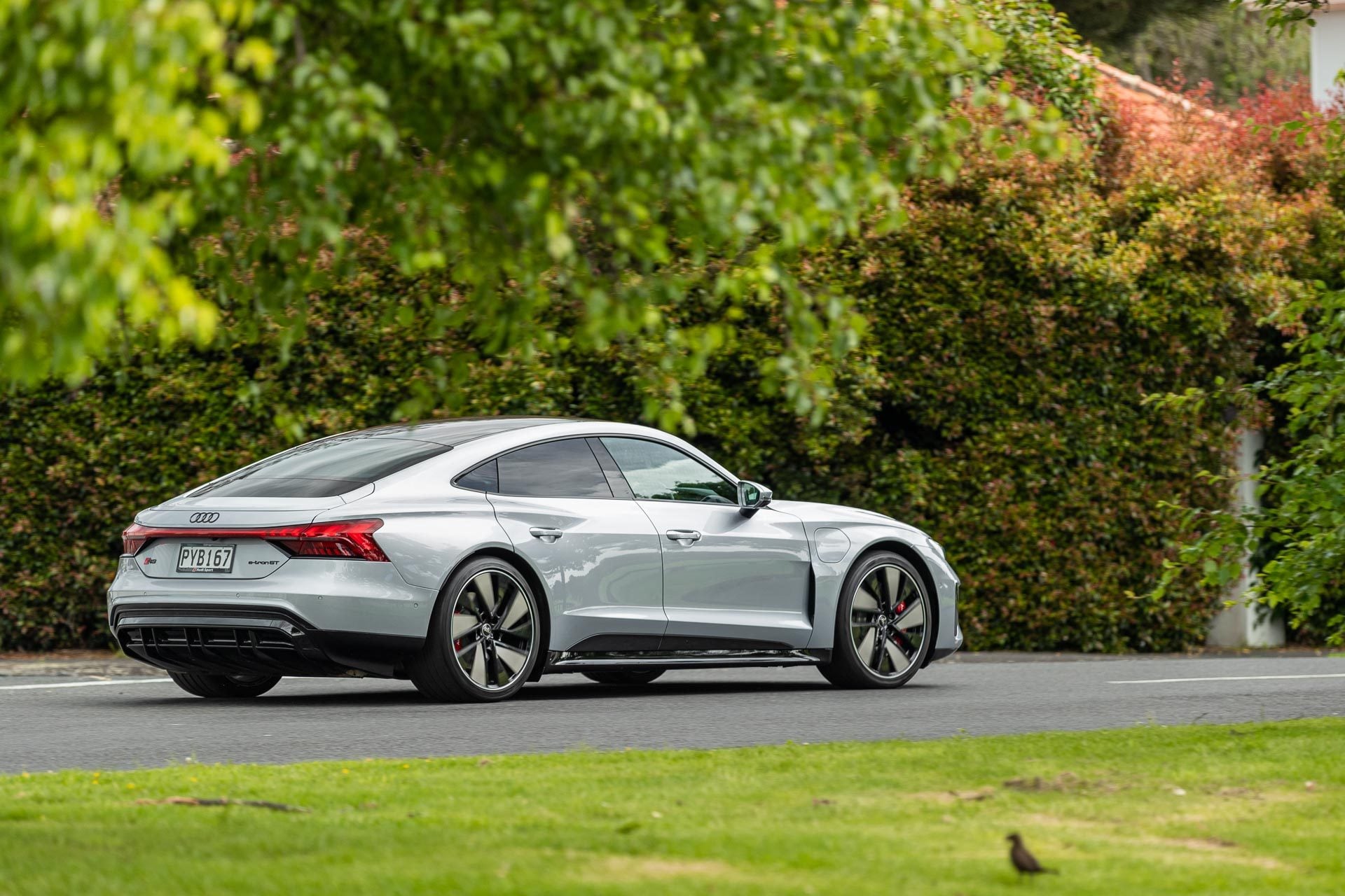 Rear quarter panning shot of the Audi RS e-tron GT
