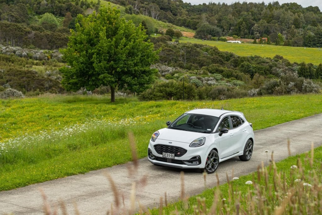 Ford Puma ST in white parked in a meadow, shown from above
