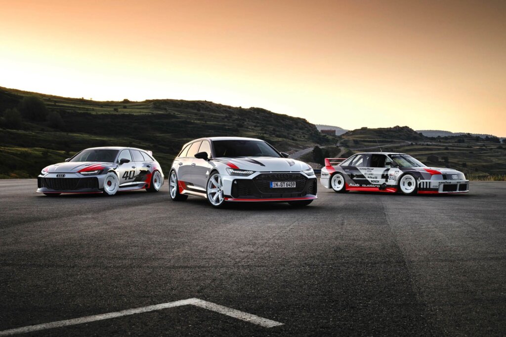 2024 Audi RS 6 Avant GT parked between 1989 90 IMSA GTO race car and 2020 RS 6 GTO concept