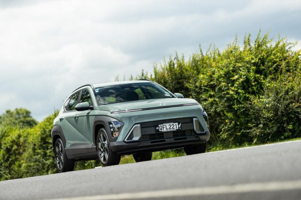Hyundai Kona Hybrid front view while driving