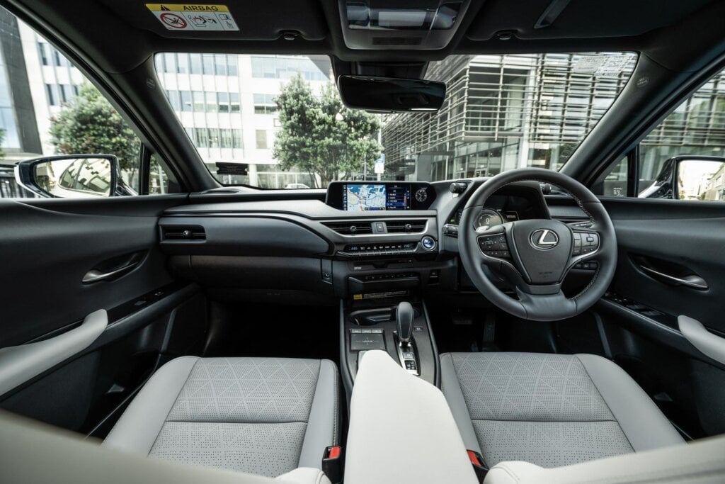 Wide front interior view of the Lexus UX300e Limited