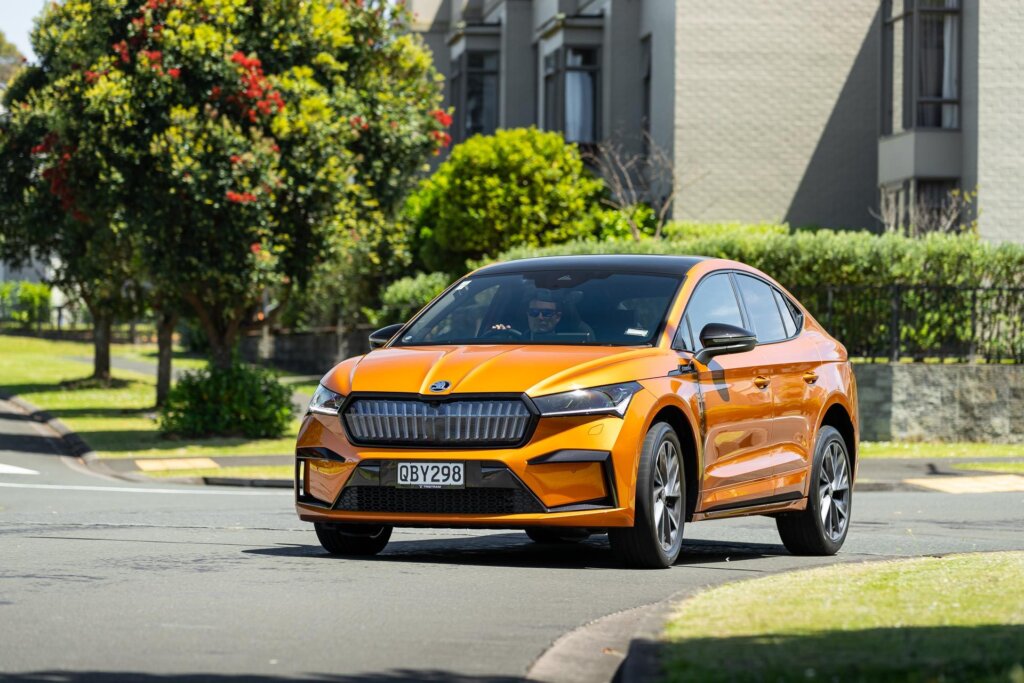 Front cornering shot of the Skoda Enyaq 80 Coupe