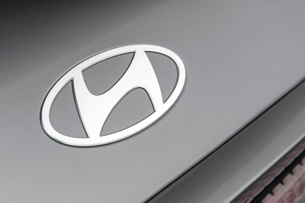 Close up view of Hyundai badge