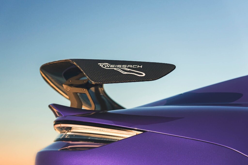 2024 Porsche Taycan Turbo GT with Weissach package rear wing close up view