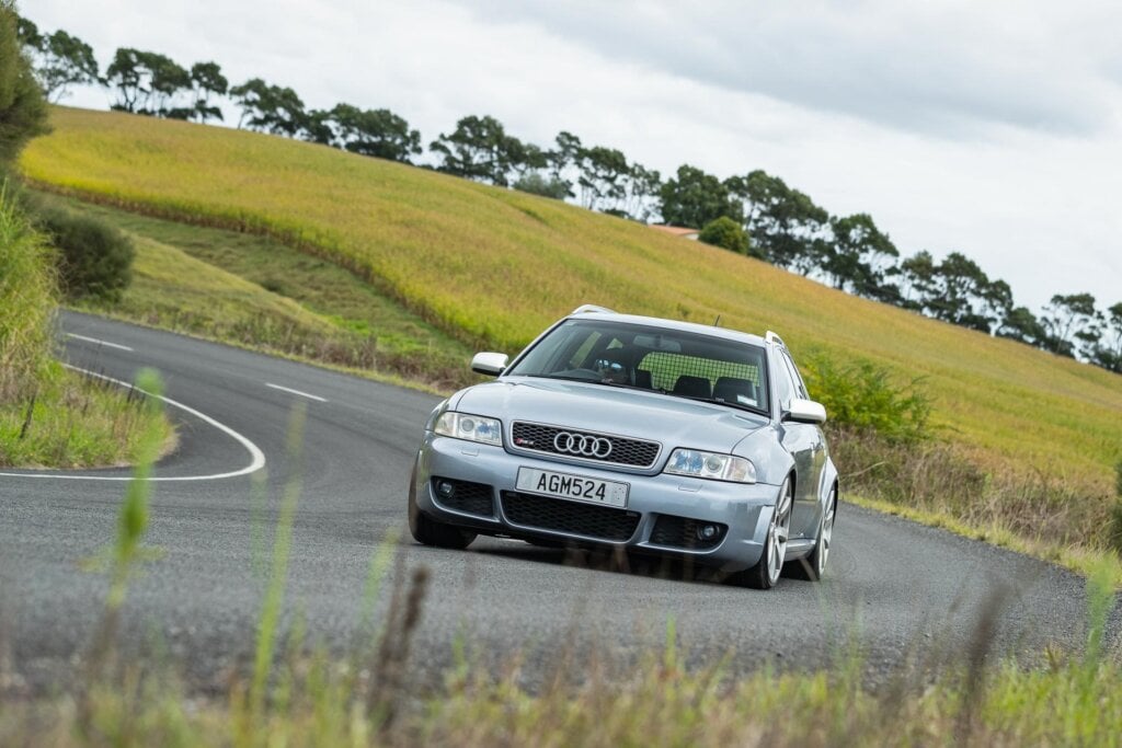 Audi RS 4 B5 cornering at pace, in silver