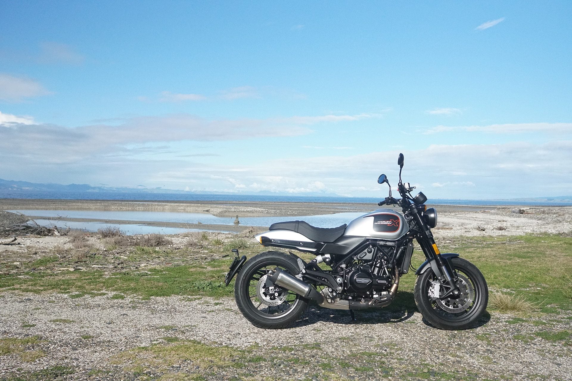 Harley-Davdison X500 parked in the sun.