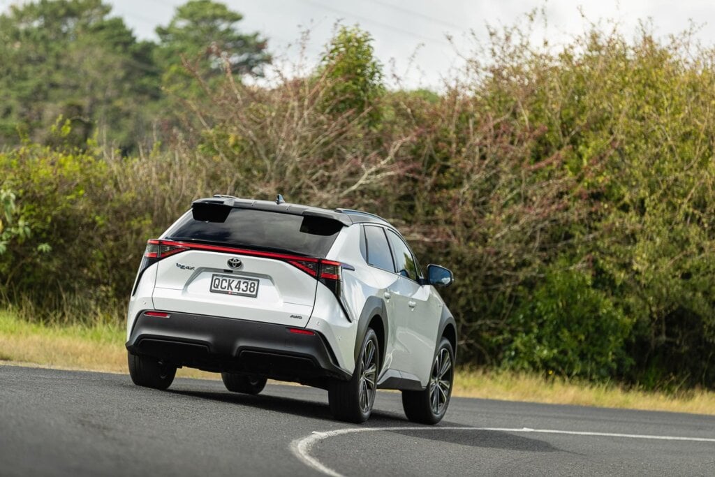 Rear cornering view of the Toyota bZ4X Pure