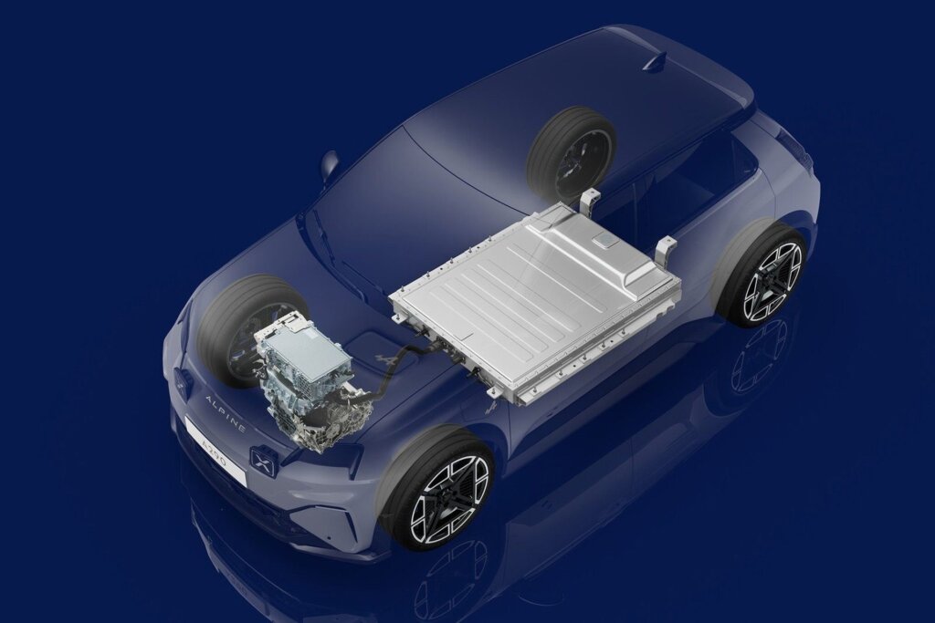Cutaway shows motor, battery and front-drive status.