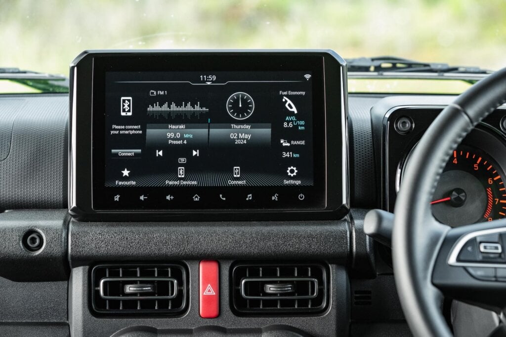 Infotainment system inside the Suzuki Jimny 5-door detail shot