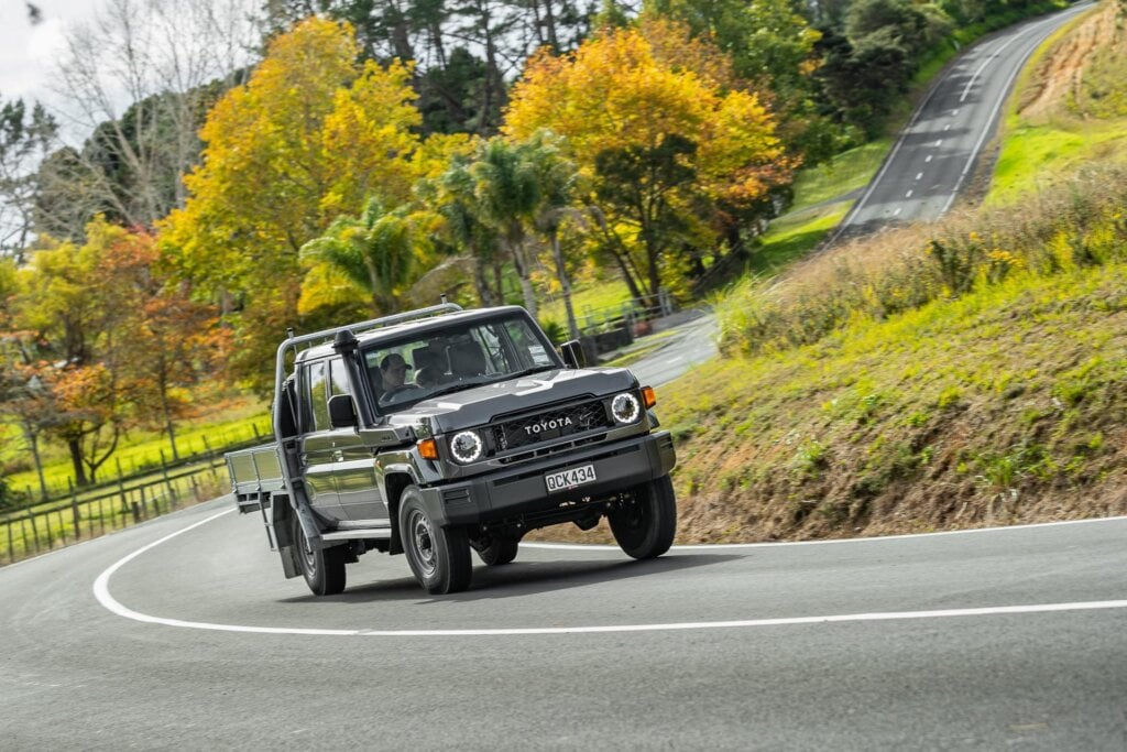 Toyota Land Cruiser 70 LT Double Cab cornering on an Auckland road