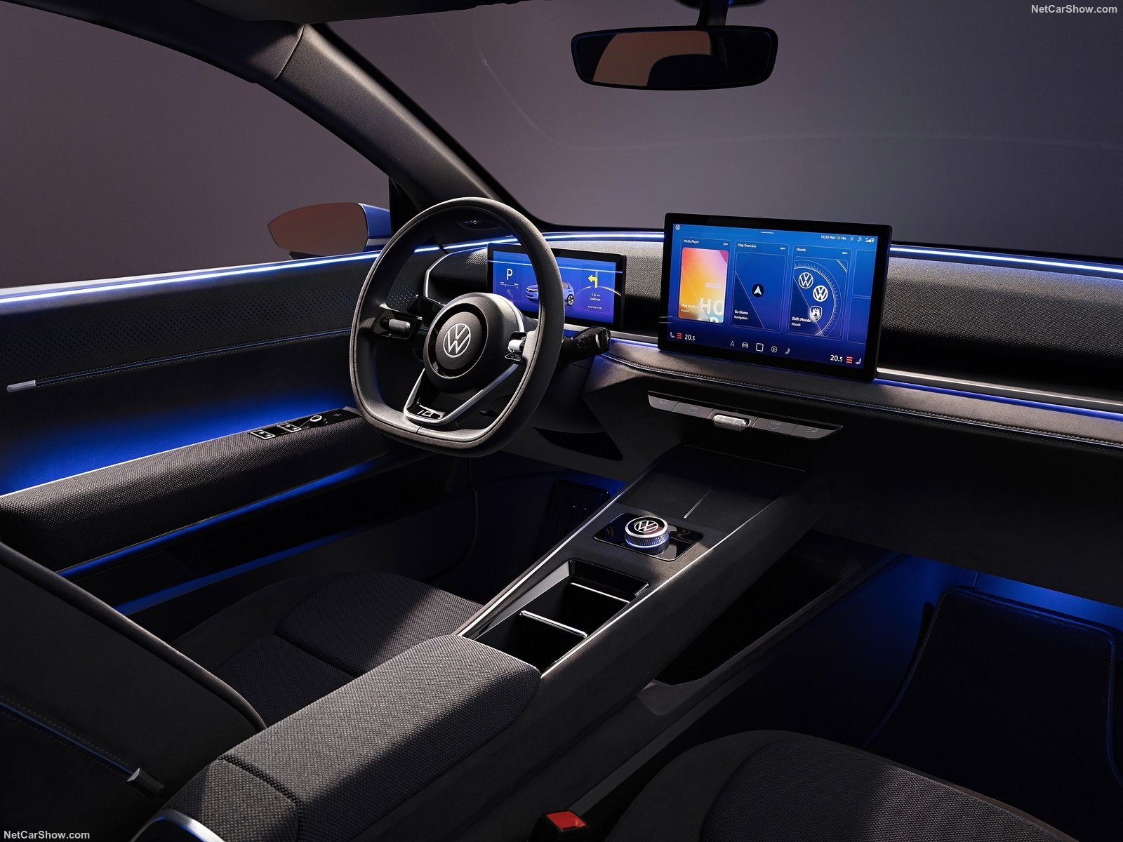 Modern interior of ID 2 includes buttons for climate air and rotating controller.
