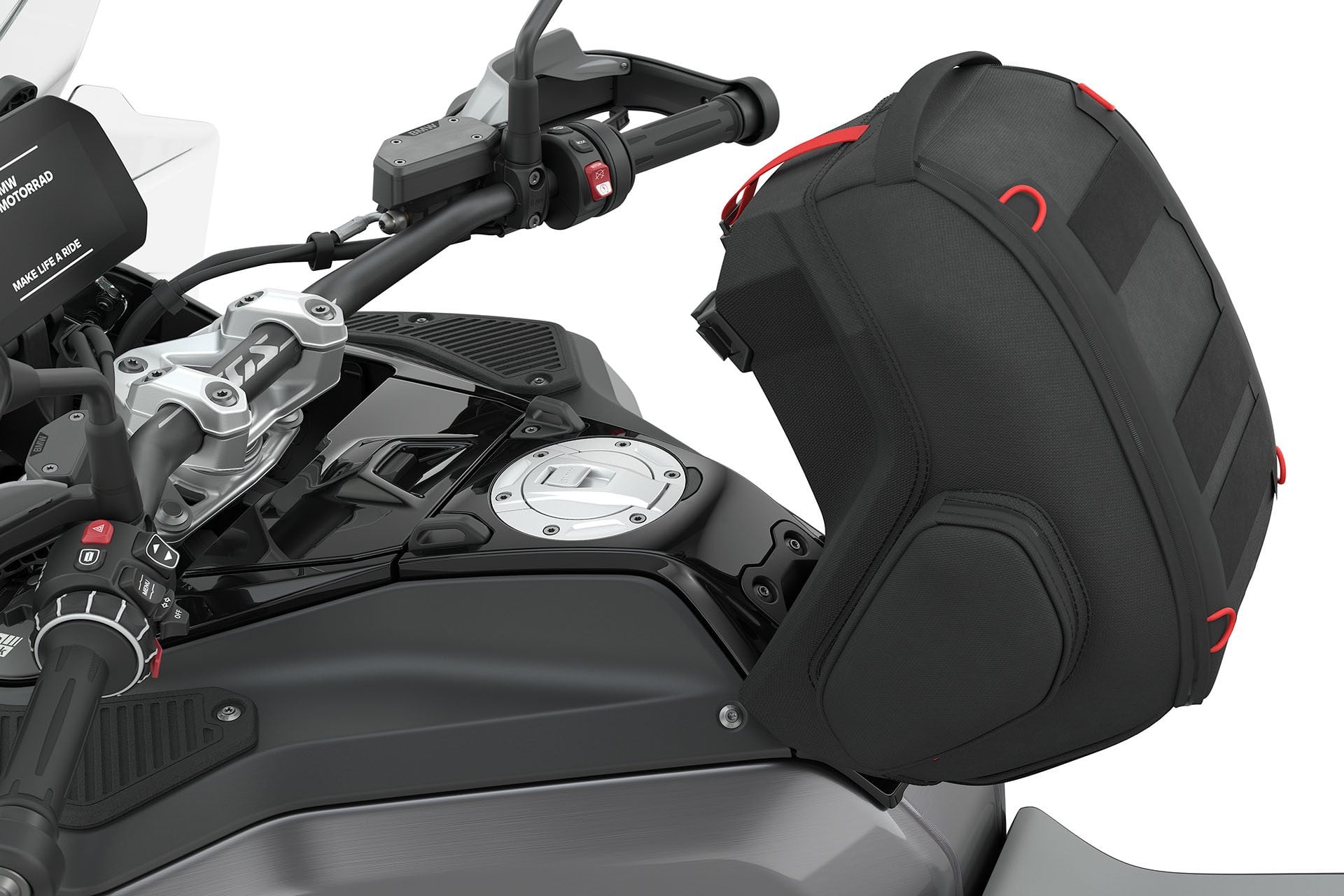 Clever tank bag mounts allows it to hinge backwards to facilitate refuelling.