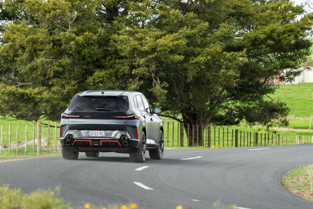 Rear of the BMW XM Label Red Edition, while cornering