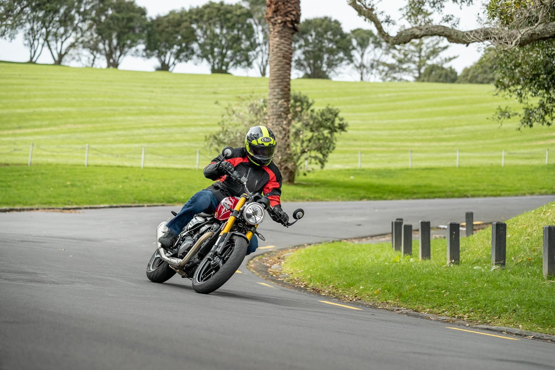 Triumph Speed 400 bike cornering next to an Auckland park