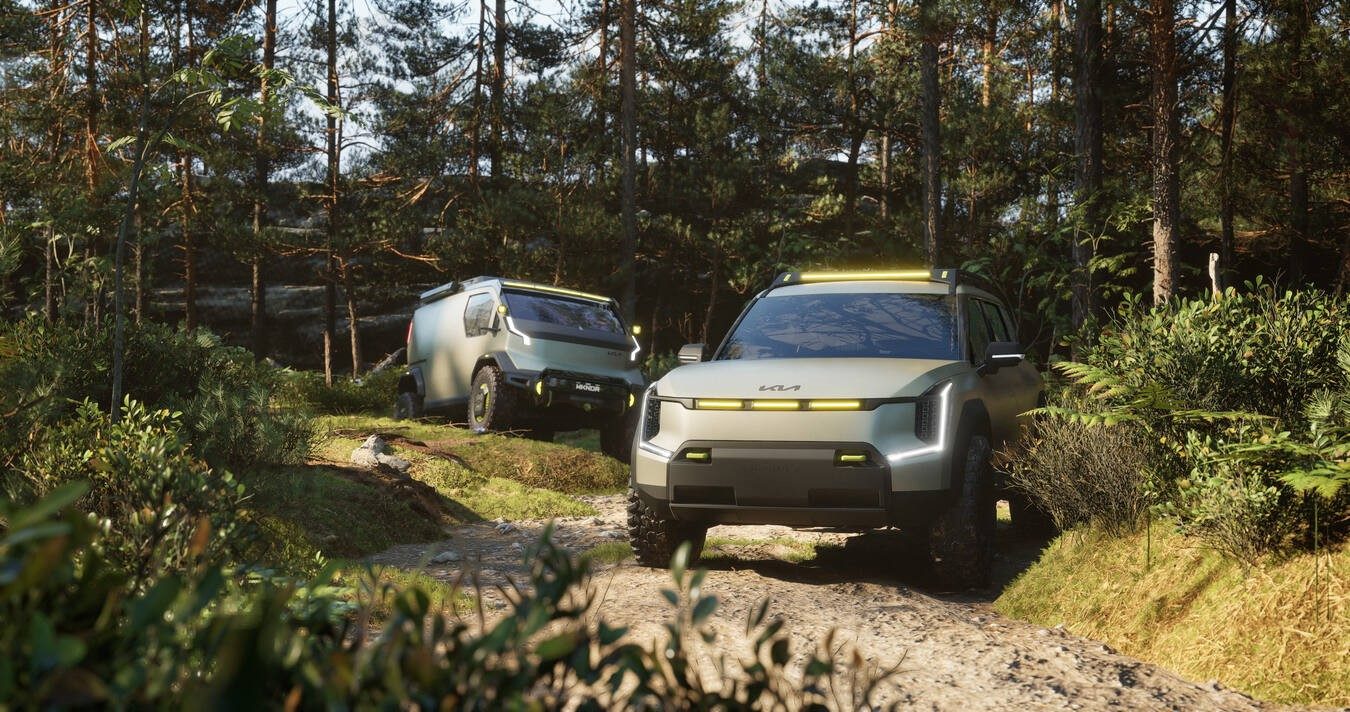 In front is the EV9-based machine, while in back is the PV5-based off-road van.