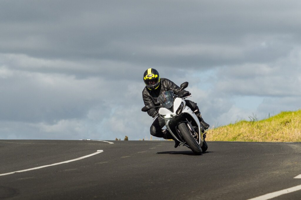 Daytona bike heading over a hill