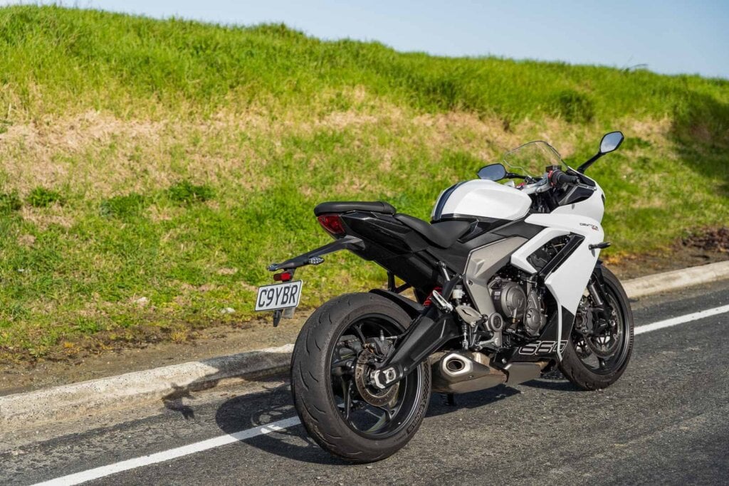 Rear shot of the Triumph Daytona 660 LAMS bike, in white