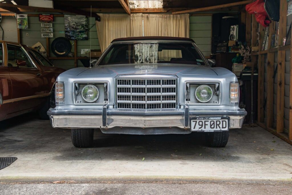 1979 Ford Thunderbird convertible parked in a garage