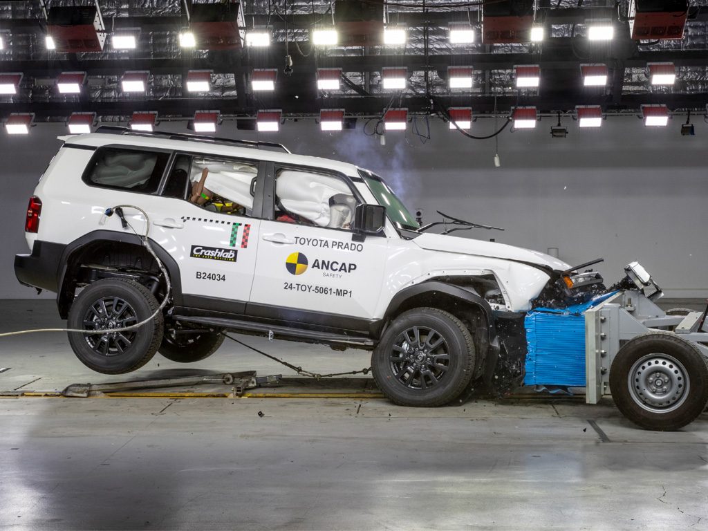 Wheels off the ground for this frontal crash test.