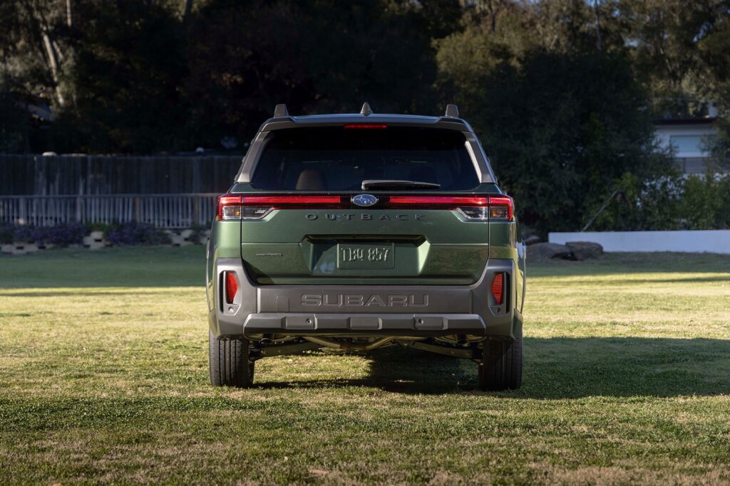 Rear features light bar, and bold Subaru logo.