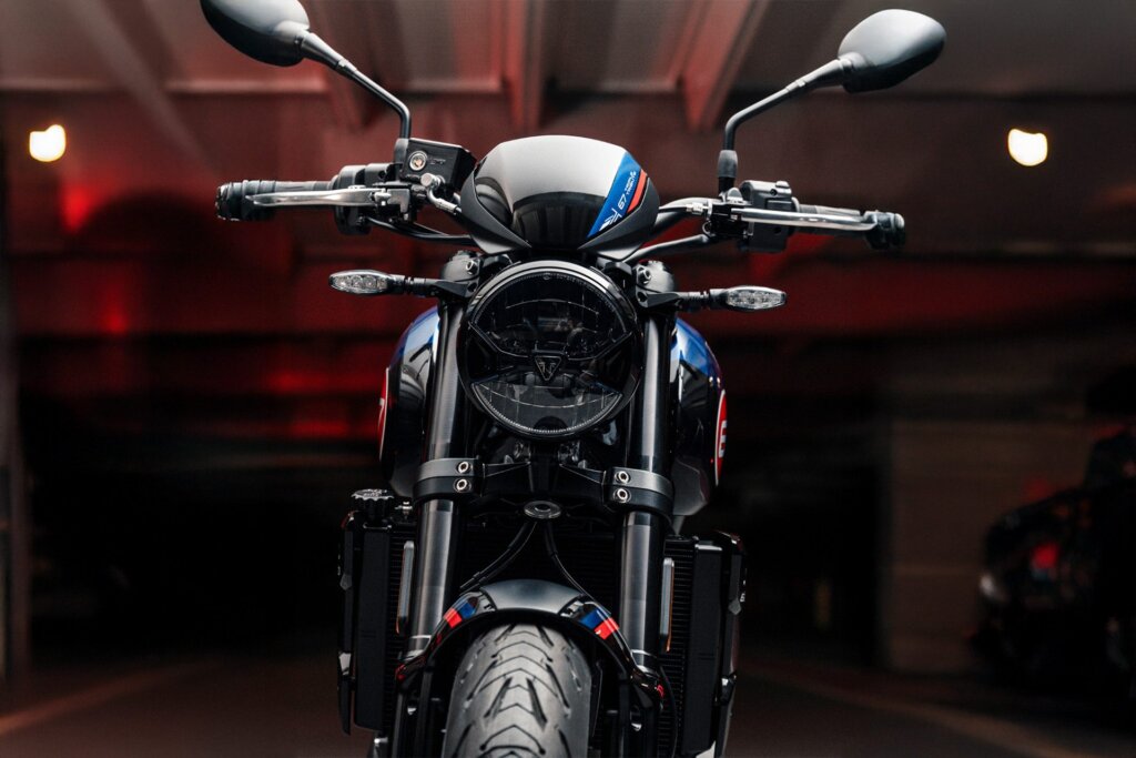Red, blue and black livery for Triumph's Trident Triple Tribute.