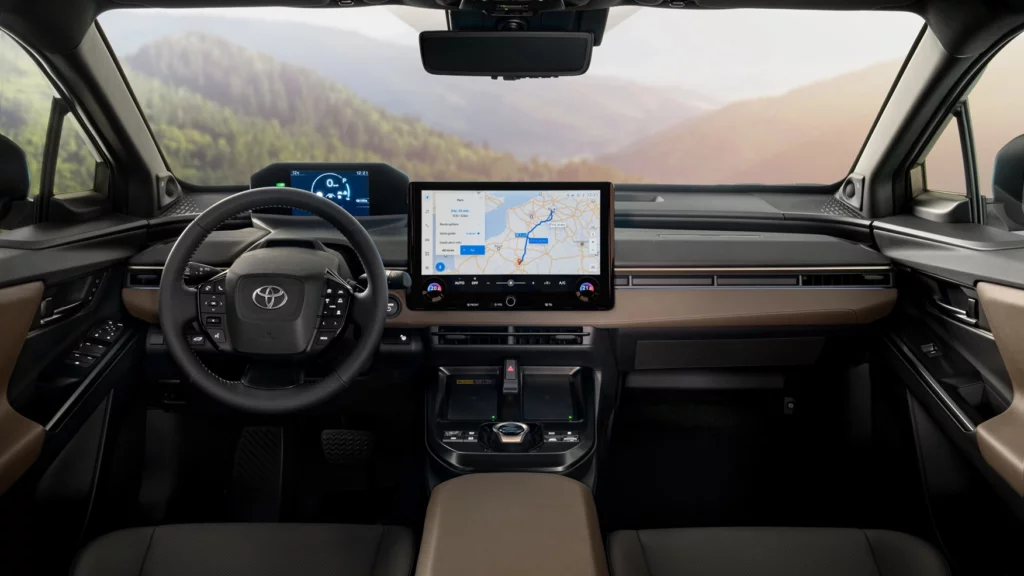 Pretty typical EV interior with dominating central screen and a few buttons down lower.