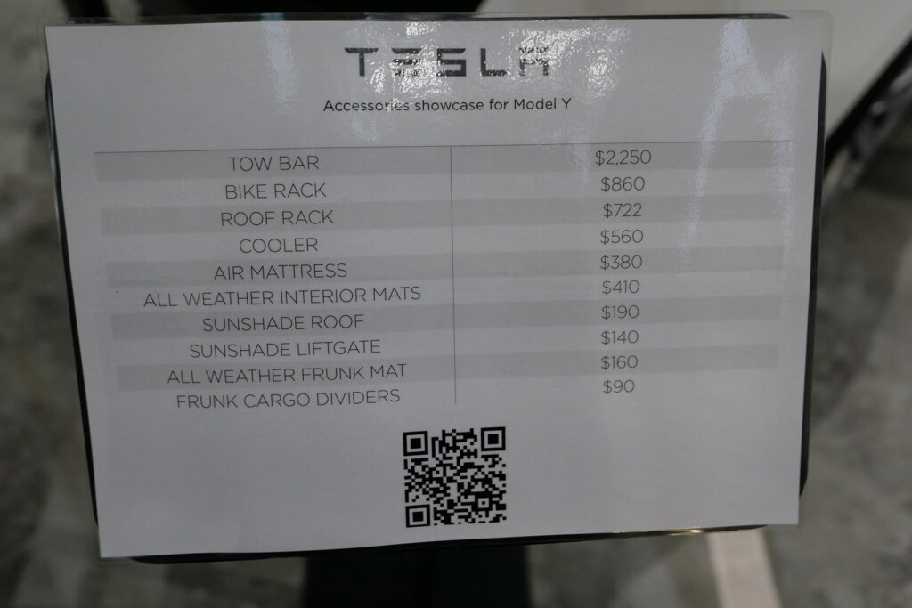 The accessory list for the car at the Mangere store. This list is not exhaustive.