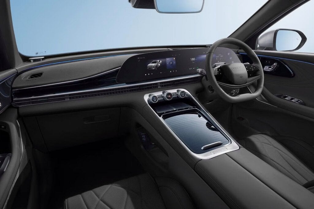 Smart widescreen interior with flat-bottomed two-spoke steering wheel.