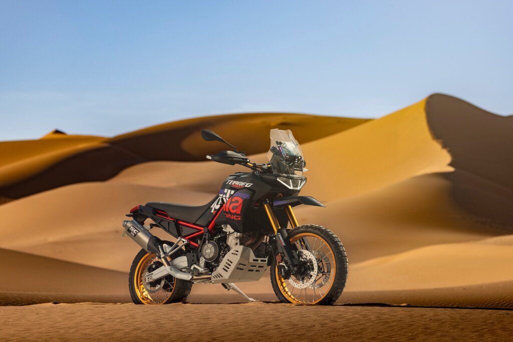 Dune busting Aprilia Tuareg Rally.
