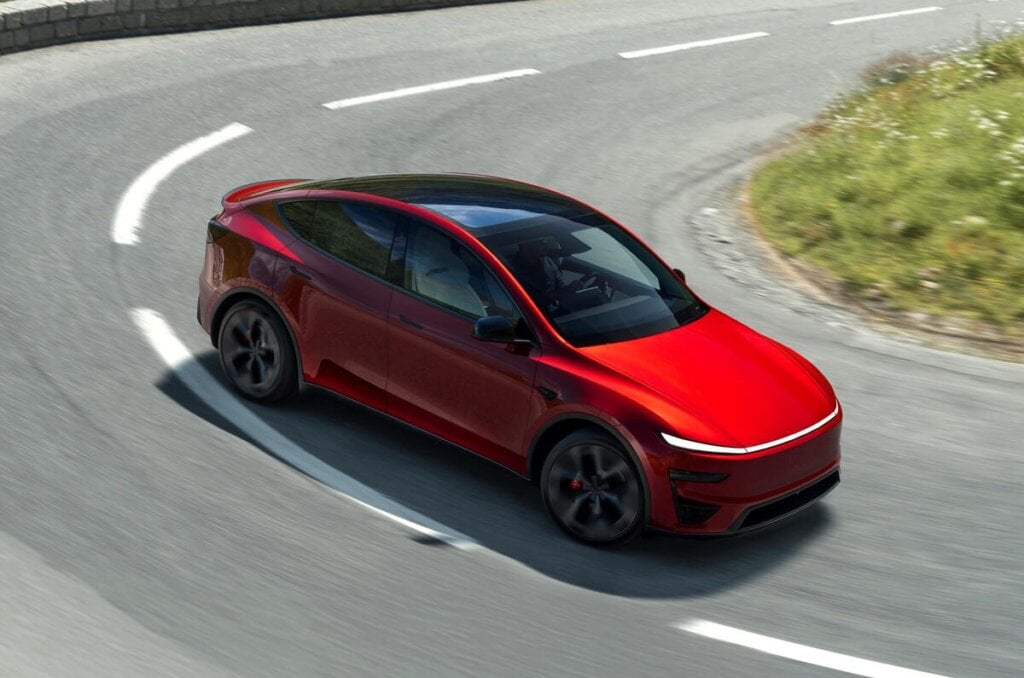 Resplendent in red, and black, the new Tesla Model Y Performance.