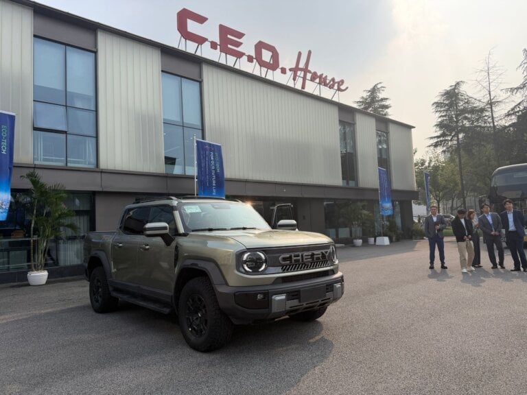 Chery Stockman ute parked outside a building at Chery headquarters in Wuhu, China
