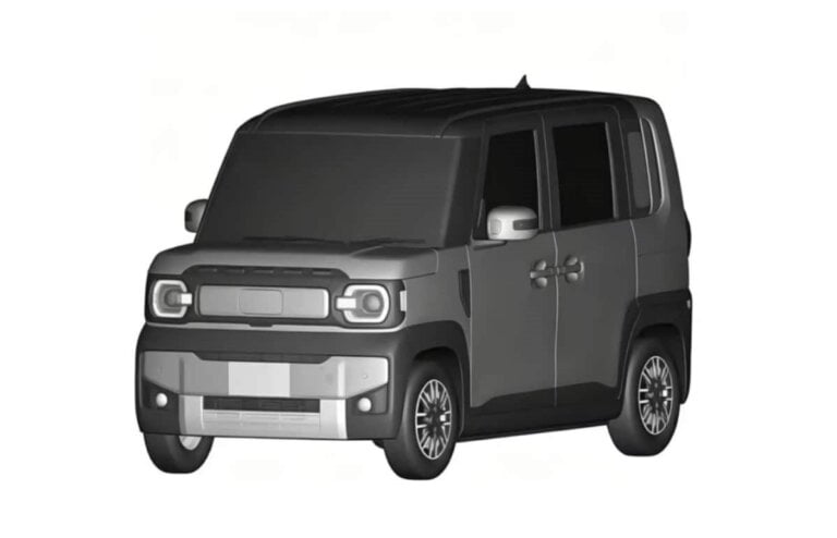 Patent drawing of the rugged Emta kei car with dark cladding and a slatted grille