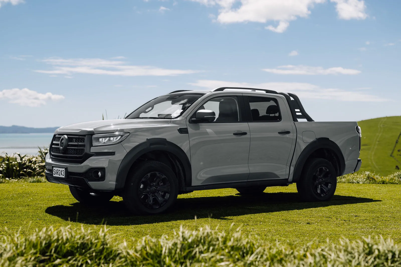 Grey GWM Cannon Hi4-T PHEV ute parked on a grassy hilltop under blue sky