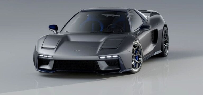 Grey JAS Tensei, a Pininfarina-designed Honda NSX restomod, front three-quarter view